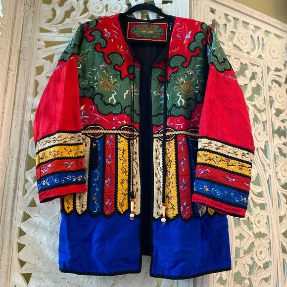 Rare Retro Embroidered Bedazzled Bright Colorful Vintage Silk Kimono Coat Jacket - Picture 11 of 13